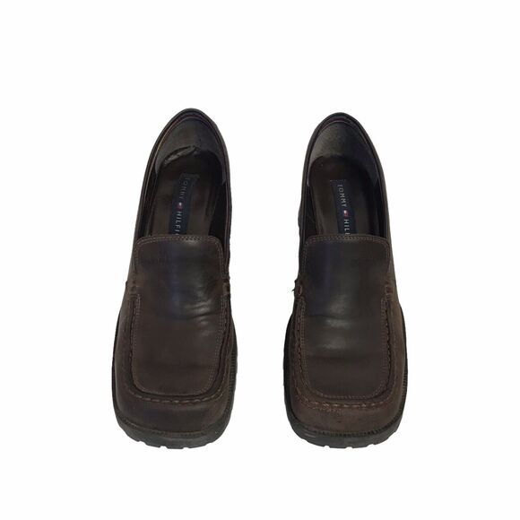 VTG 90s Y2K Tommy Hilfiger Brown Leather Chunky‎ Heel Womens Platform Shoe 8 - Picture 1 of 14